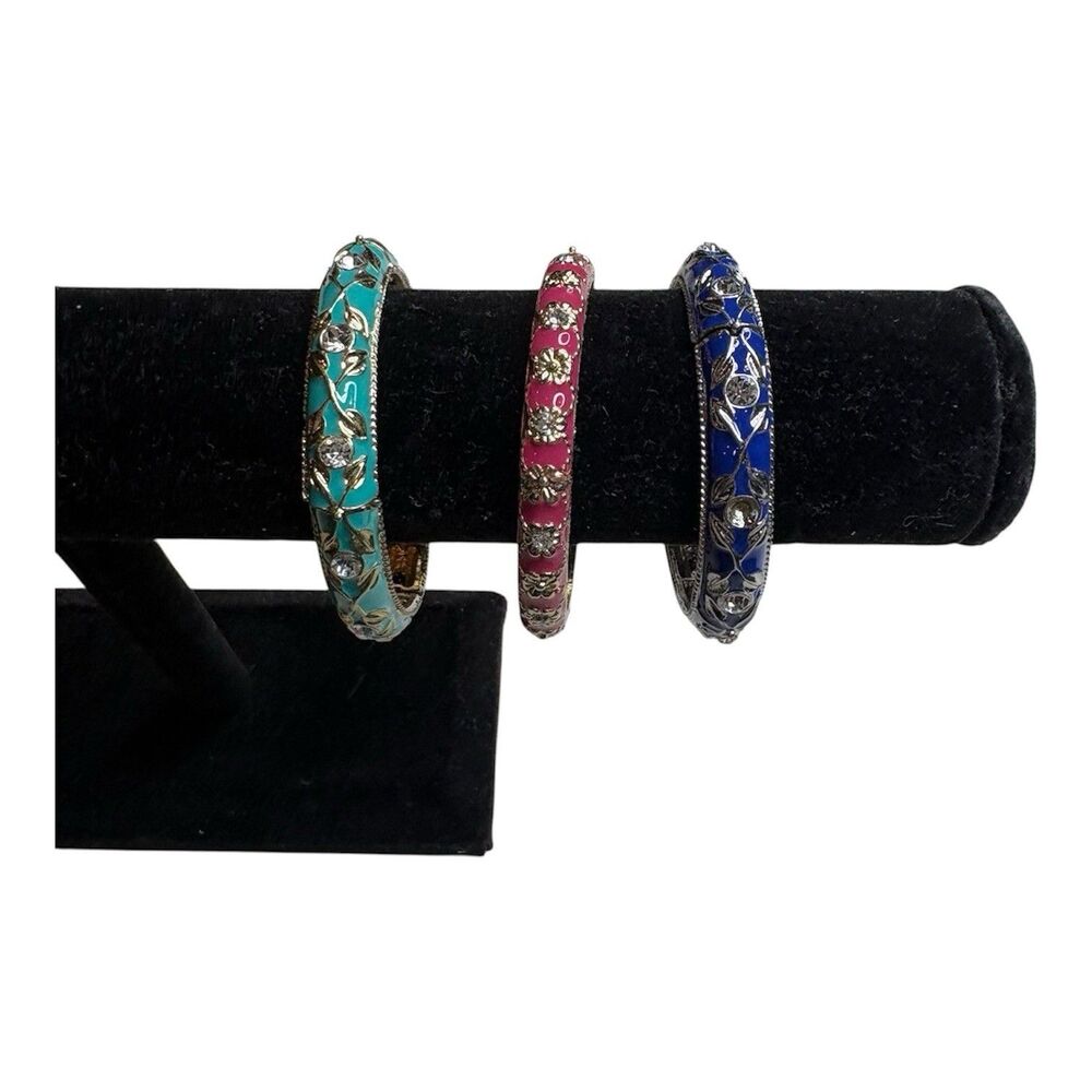 Teal, Pink and Blue Enamel Hinged Bangle Bracelets Gold Tone Stretch